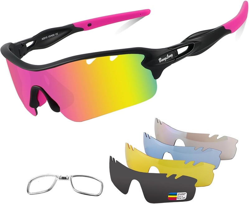 BangLong Polarized Sports Sunglasses Cycling Sun Glasses for Men Women with 5 Interchangeable Lenes for Running Baseball Golf - Image 1